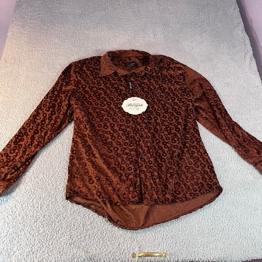 VTG Bergati womens sz 2XL brown long sleeve button front rings of velvet pattern